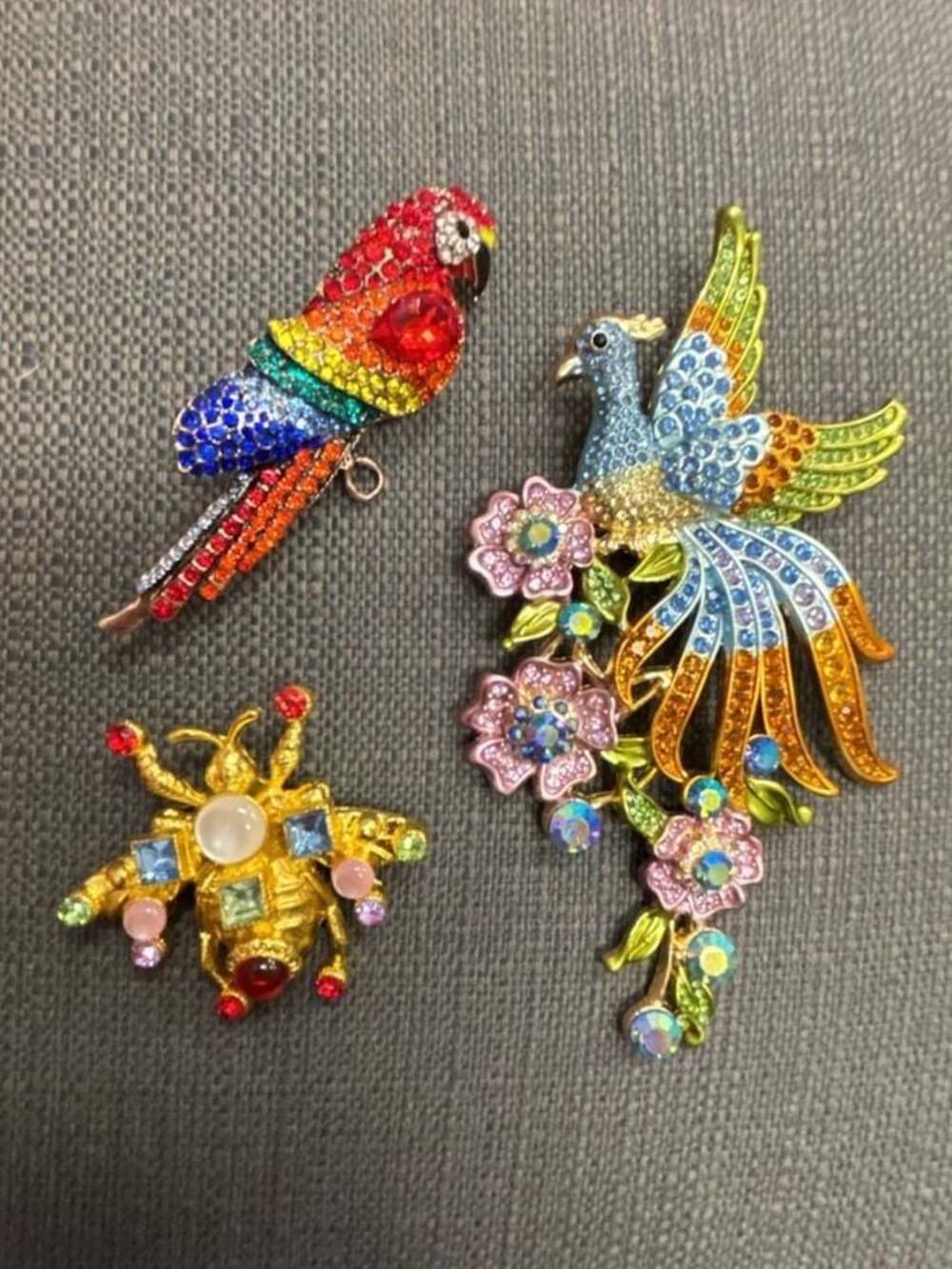 Large Colorful Rhinestone Phoenix, Parrot, and Bee Brooch Set of 3
